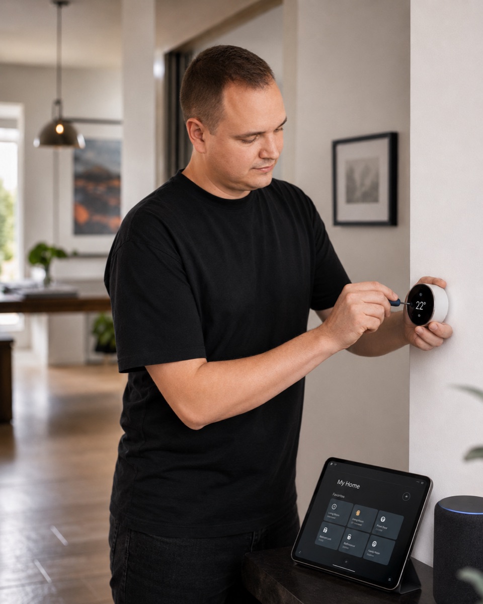 Paul Schröder installiert ein smartes Thermostat bei einem Kunden in Potsdam